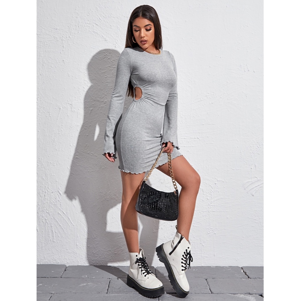 Grey Rib-Knit Cut Out Bell Sleeve Mini Dress - Picture 10 of 16